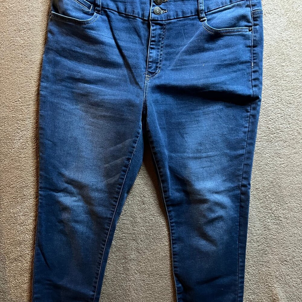 Poured in Blue Women 12 Denim Blue 2 Button Fly‎ Stretch Rolled Cuffed Ankle